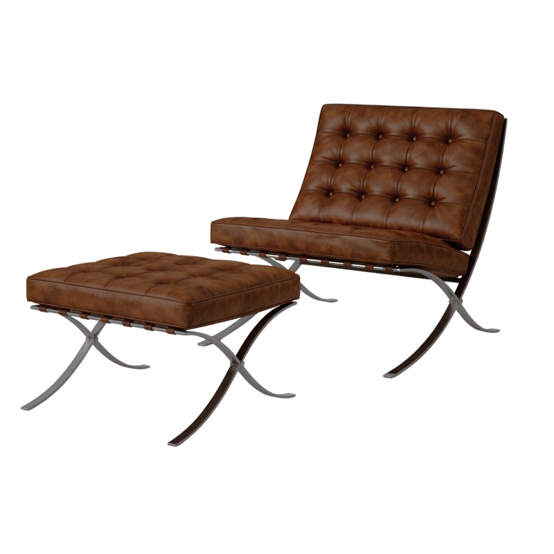Barcelona Chair met hocker vintage bruin