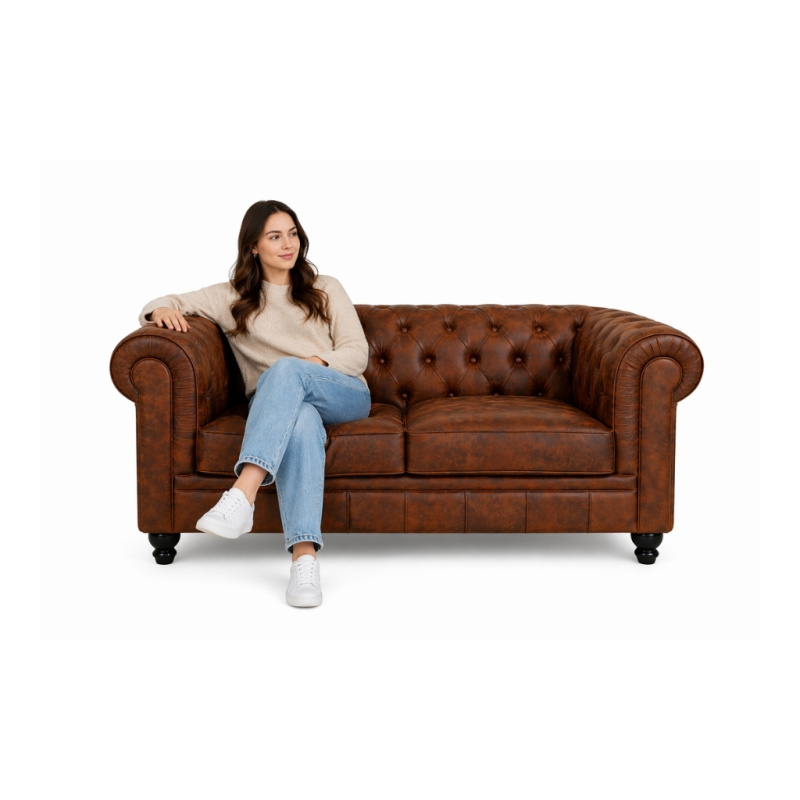 Chesterfield bank bruin vintage twee zits sofa bank leer velvet