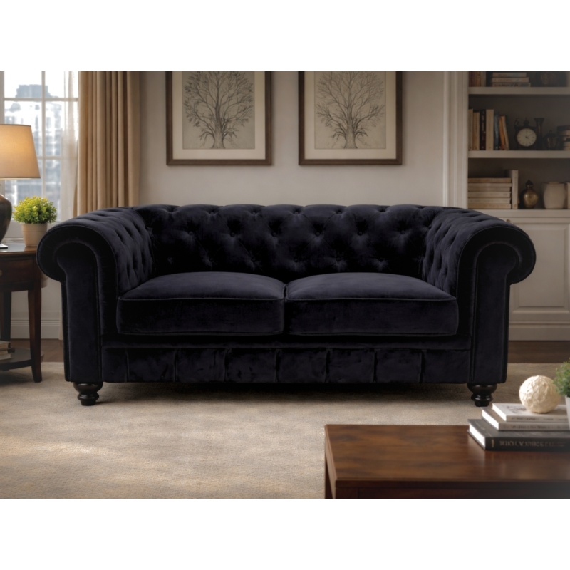 Chesterfield bank tweezits velvet zwart 2-Zits