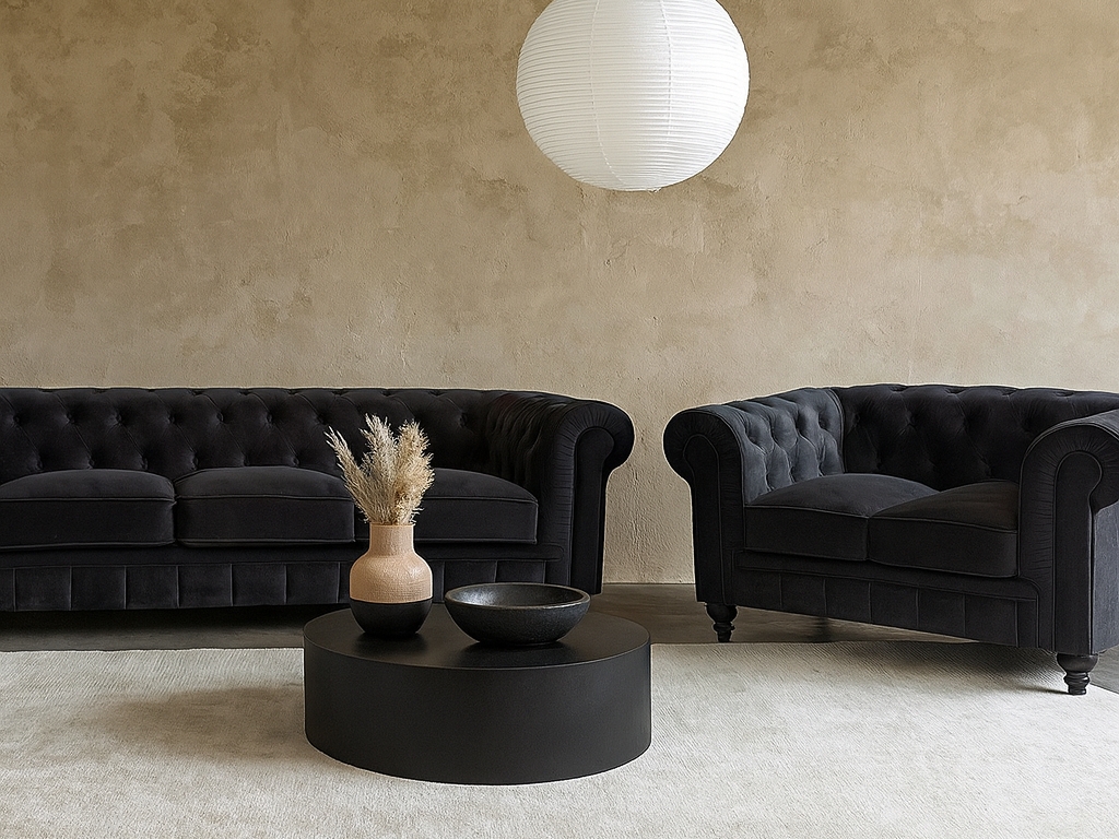 Chesterfield Bank Fluweel | 3-Zits Chesterfield Bank Velvet zwart Sfeerfoto woonkamer