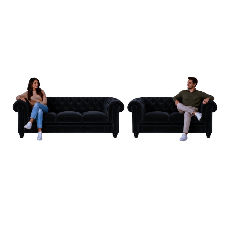 Chesterfield Banken set velvet zwart leer stof