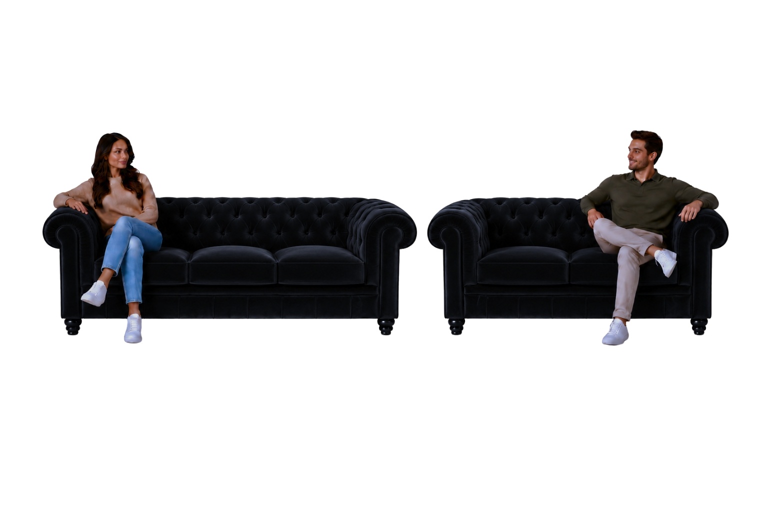 Chesterfield Banken Set | Fluweel Zwart Chesterfield Banken set velvet zwart leer stof