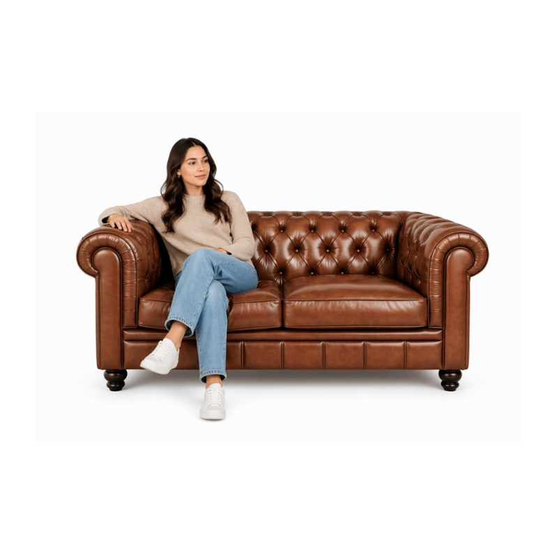 Chesterfield Bank Kaneel Bruin 2-zits leer sofa