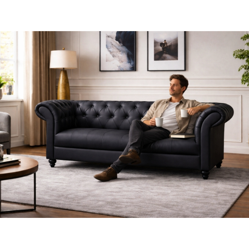Chesterfield Bank Curve Zwart 3-zits Chesterfield Sofa Bank Bankstel