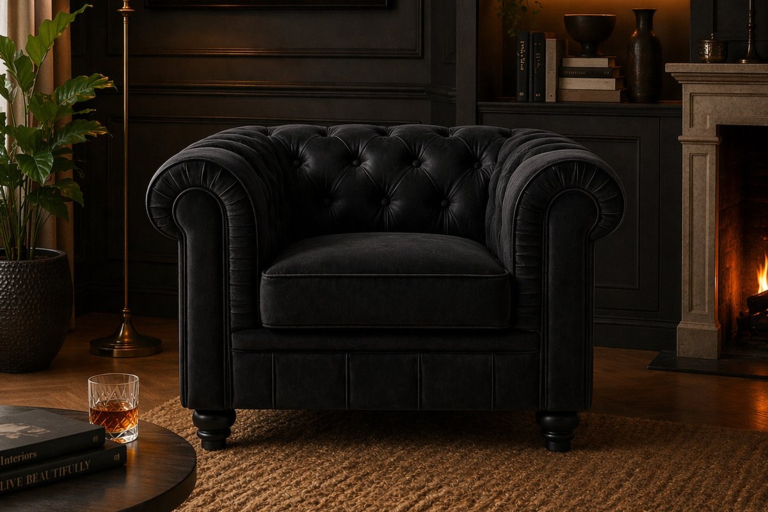 Chesterfield Bank Velvet Zwart | 1-Zits Chesterfield Bank Velvet Zwart 1-Zits Chesterfield fauteuil Velvet stof