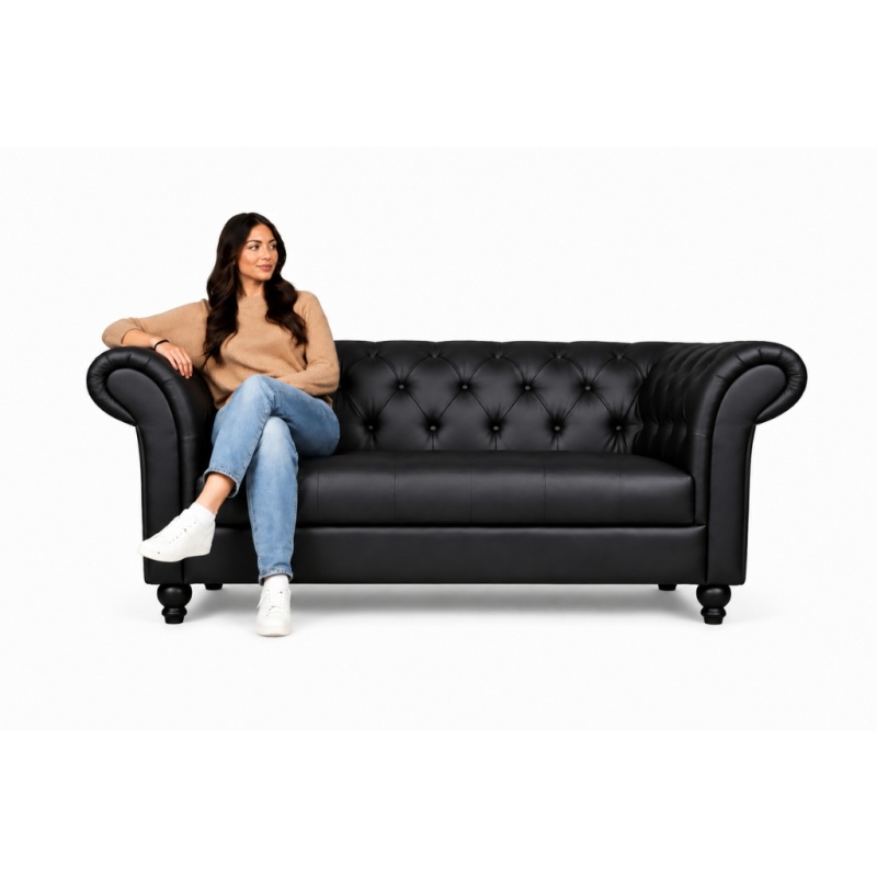 Chesterfield Bank Zwart Curve 2-zits leer sofa