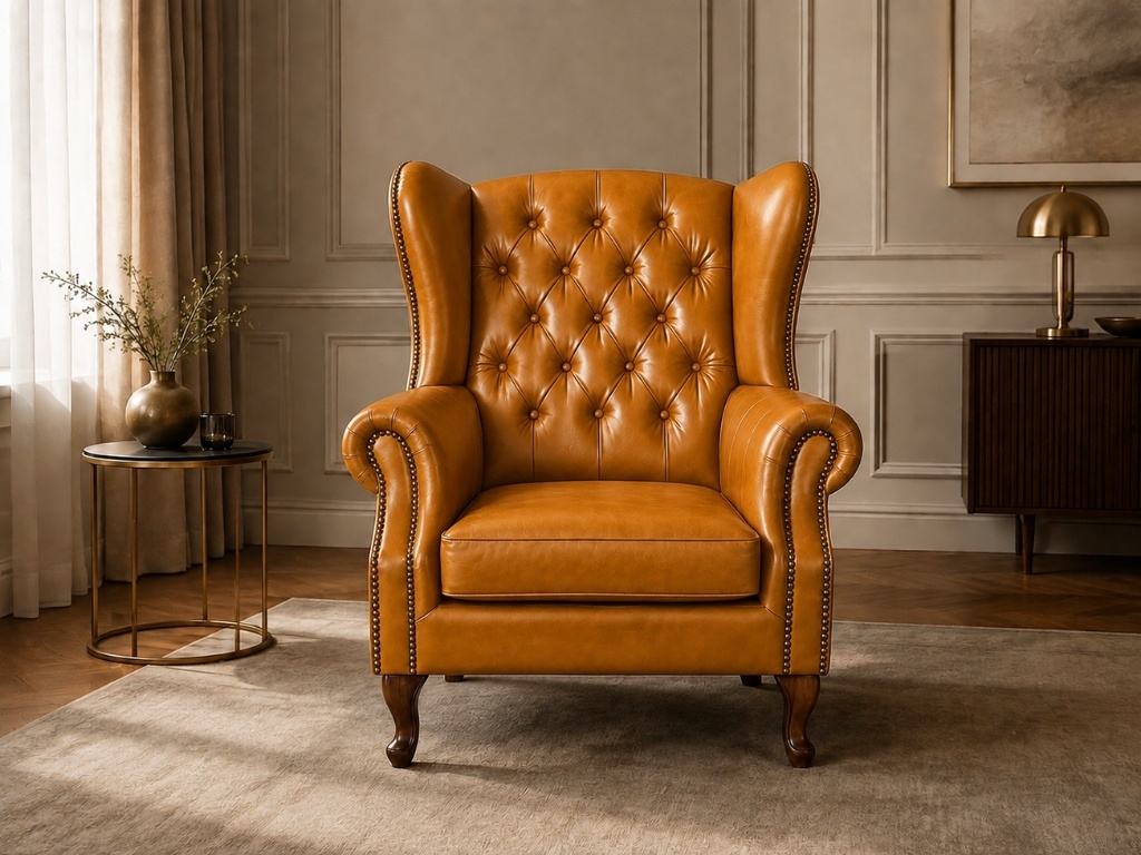 Chesterfield Fauteuil Cognac Oker geel Chesterfield Fauteuil Cognac Oker Geel Wing Back Chair Oor fauteuil woonkamer