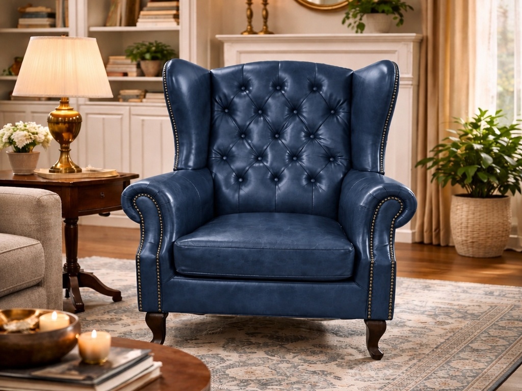 Chesterfield Fauteuil Blauw Wing Chair leer Oor fauteuil stoel woonkamer