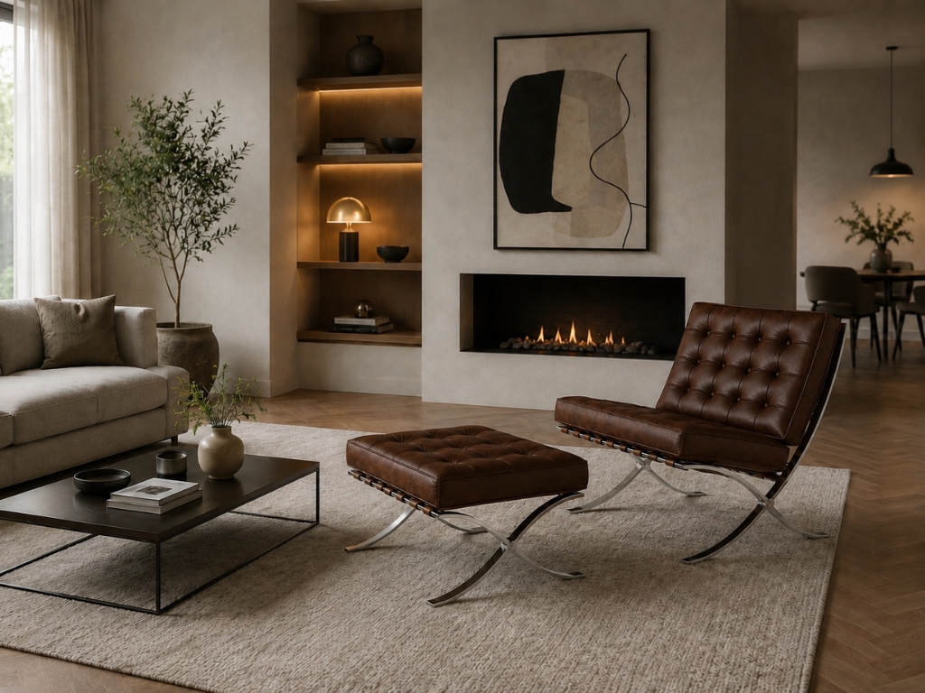Barcelona Chair met hocker donker bruin Fauteuil stoel (2)