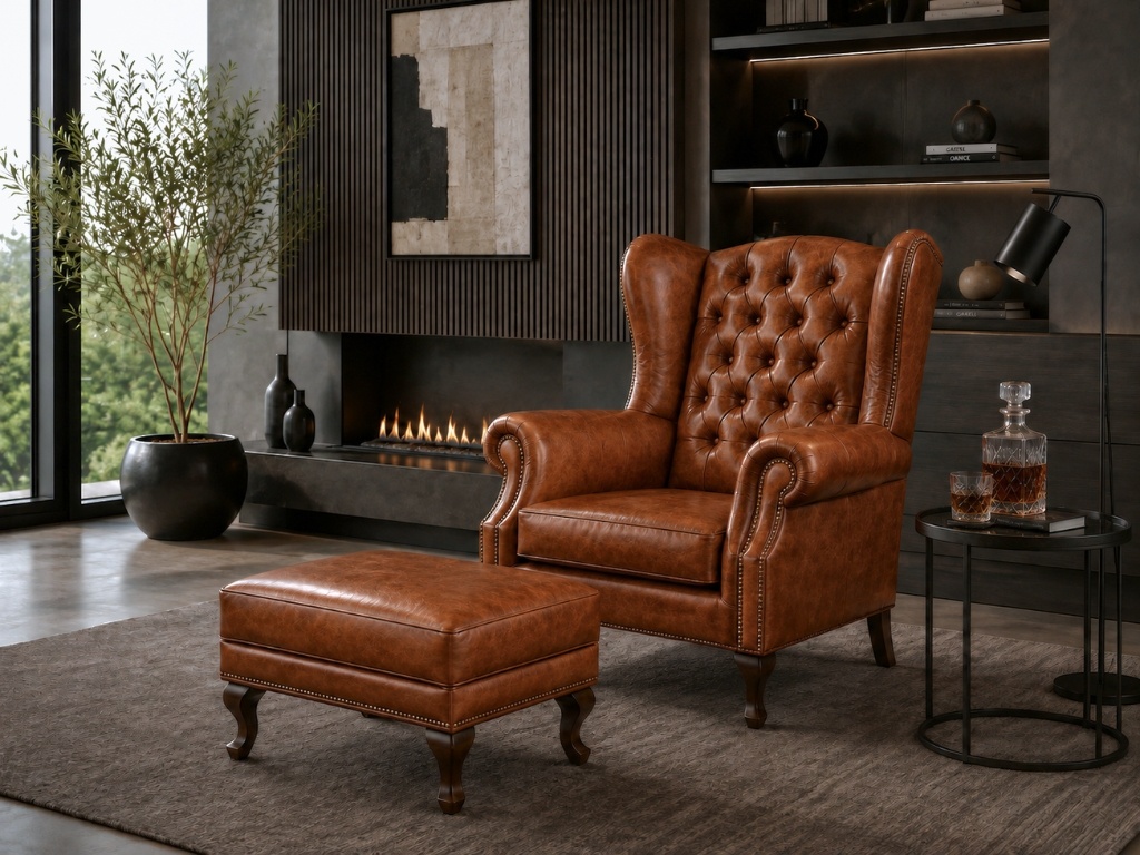 Chesterfield Fauteuil met hocker Bruin Chesterfield Fauteuil met hocker Bruin Wing Chair Oor fauteuil stoel