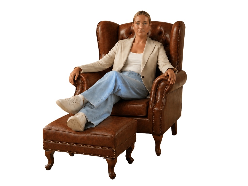 Chesterfield Fauteuil met hocker Bruin Chesterfield Fauteuil met hocker Bruin