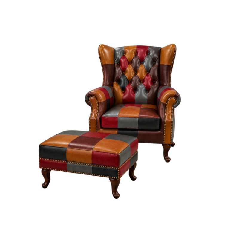 Chesterfield Fauteuil met hocker Patchwork Multicolor Stoel oor fauteuil wing chair set voetenbank ottoman