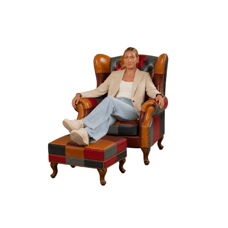 Chesterfield Fauteuil met hocker Patchwork Multicolor kleuren leer stoel oor fauteuil wing back chair