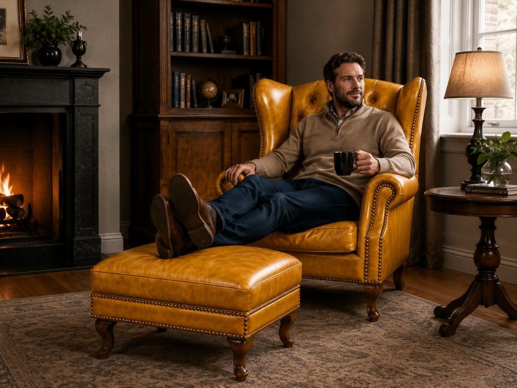 Chesterfield Fauteuil met voetenbank Cognac Oker Geel