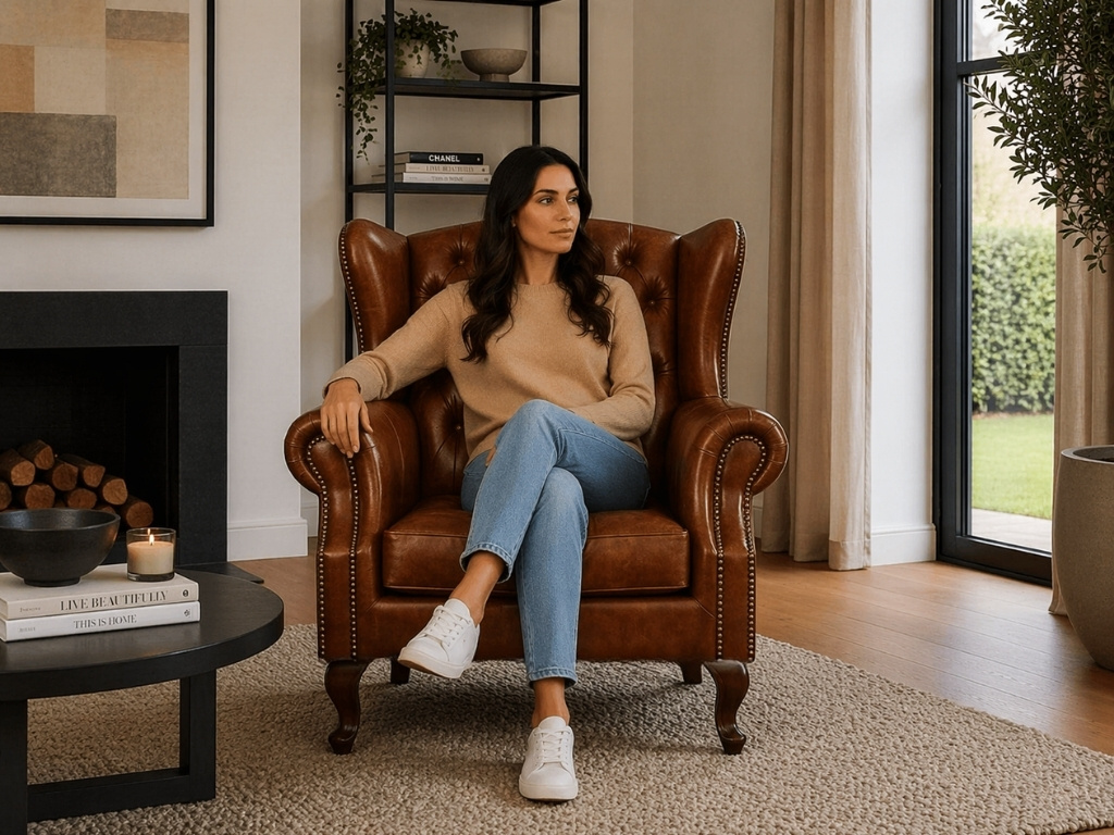 Chesterfield Fauteuil met hocker Bruin Chesterfield fauteuil met hocker bruin