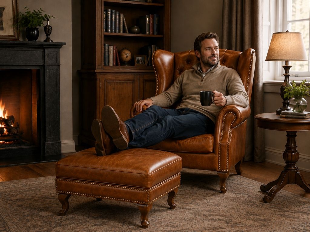Chesterfield fauteuil met hocker bruin (4)