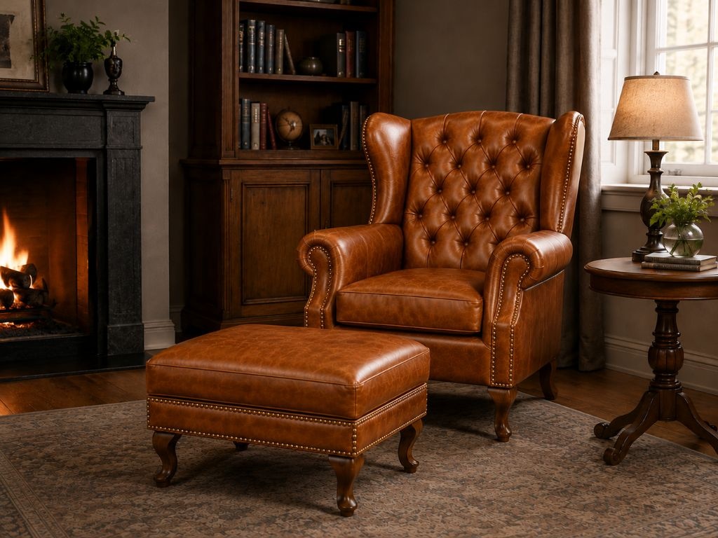 Chesterfield Fauteuil met hocker Bruin Chesterfield fauteuil met hocker bruin
