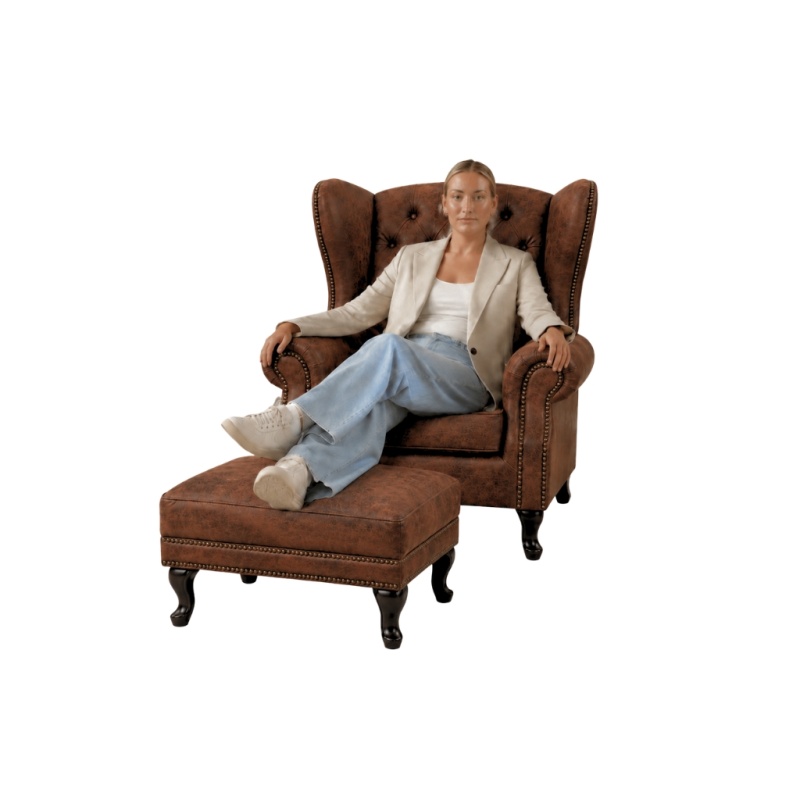 Chesterfield Fauteuil met hocker Vintage Bruin