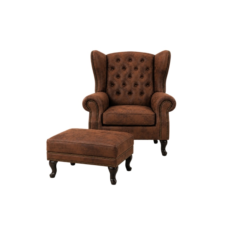 Chesterfield Fauteuil met hocker Vintage Bruin