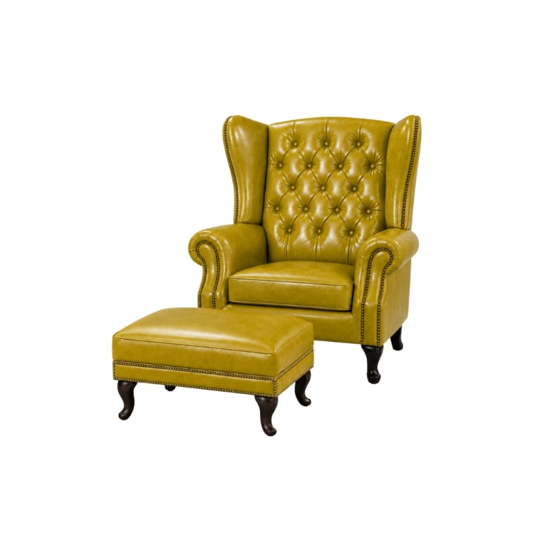 Chesterfield Fauteuil met hocker Vintage Geel
