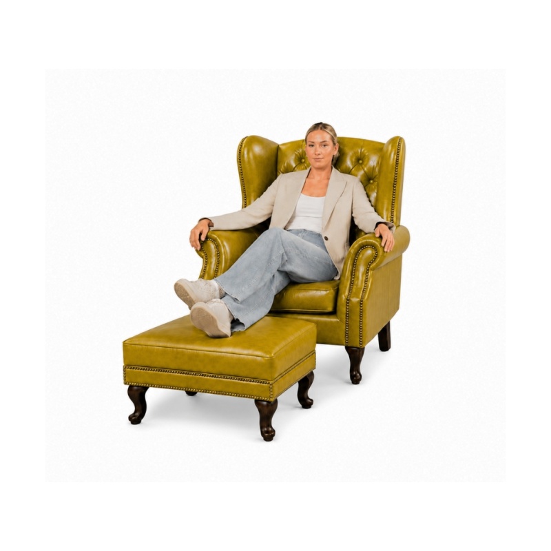 Chesterfield Fauteuil met hocker Vintage Geel