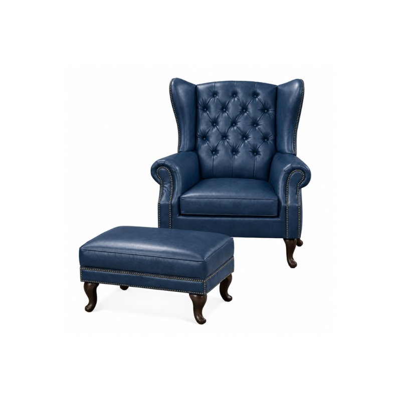 Chesterfield Fauteuil met hocker blauw oor fauteuil wing chair leer